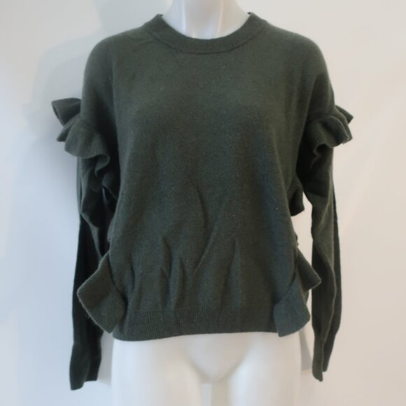 NWT Womens Crush Ribbed Durban Pure Cashmere Ruffle Khaki Green Sweater 1 US/S - Picture 7 of 13